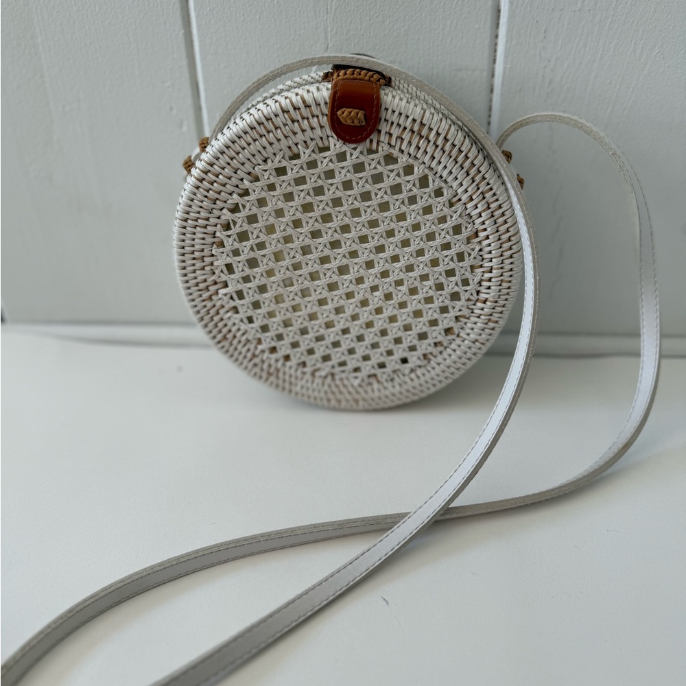 Anthropologie White Woven Round Crossbody Bag
